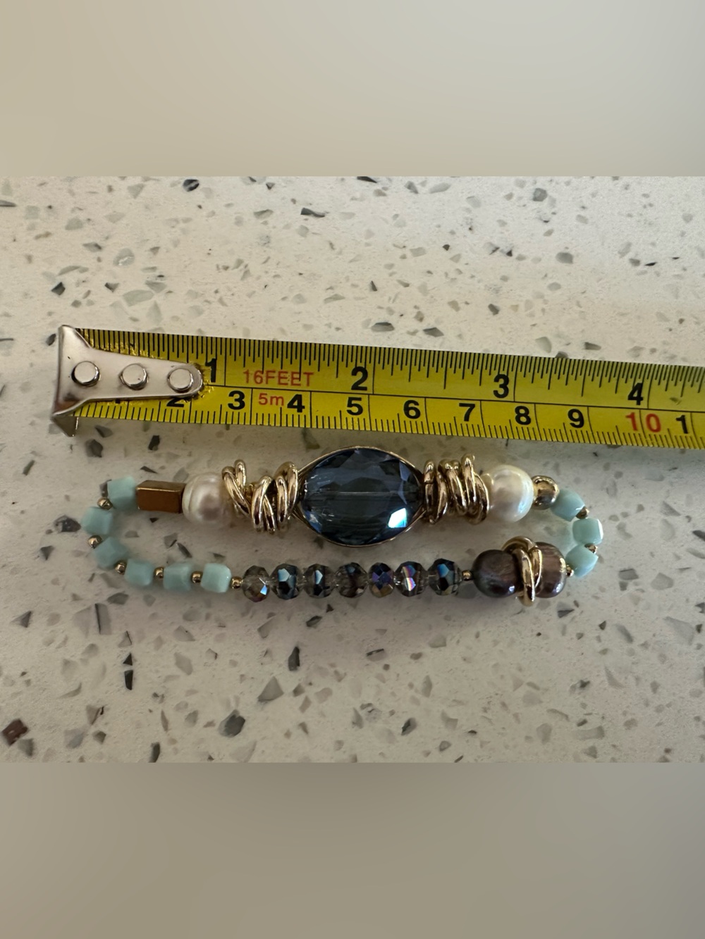 Handmade Gold & Blue Glass Bead Statement Bracelet with Aqua Accents and pearls - Picture 6 of 6